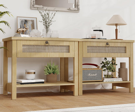 Large Night Stand Set of 2, Bedside Table with Drawers and Open Shelf, Farmhouse Bedroom Nightstand with Charging Station, 27.5" Wide Boho Rattan Side Table for Bedroom, Living Room Arbcoler