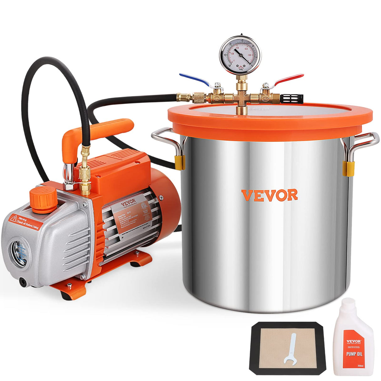 VEVOR 3 Gallon Vacuum Chamber and 3.5 CFM Pump Kit, Tempered Glass Lid Vacuum Degassing Chamber Kit, Single Stage Vacuum Pump with 250 ml Oil Bottle, for Stabilizing Wood, Degassing Silicones, Epoxies VEVOR