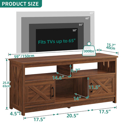 YITAHOME Farmhouse TV Stand for 65 Inch Television Stand, Entertainment Center with Power Outlets and Open Shelf, Rustic Media Console TV Cabinet for Living Room, Walnut