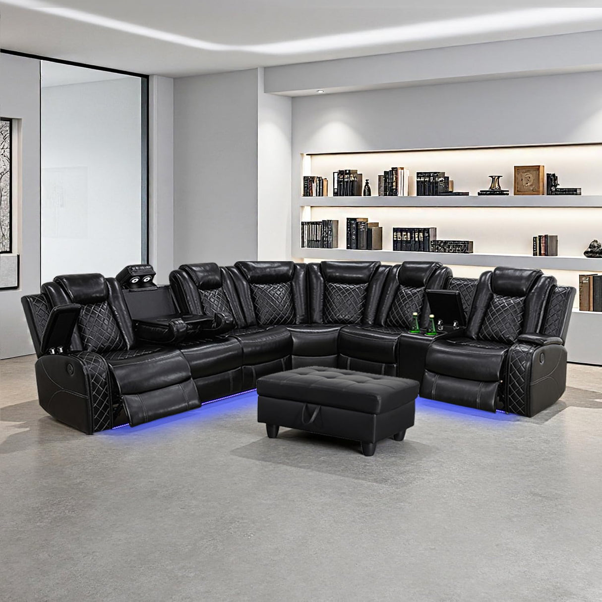 SIENWIEY Black Leather Reclining Sectional Sofa Set with Storage Ottoman,Power Recliner Sectional Couch with LED Lights,Recliner Sofa Set for Living Room Apartment Office SIENWIEY