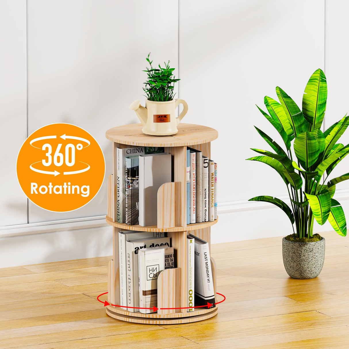 Kinembold Small Rotating Bookshelf, 2 Tier Revolving Bookcase 360 Display Round Spinning Bookshelf Narrow Swivel Corner Book Shelf Standing Bookcase for Kids Bedroom, Living Room Kinembold