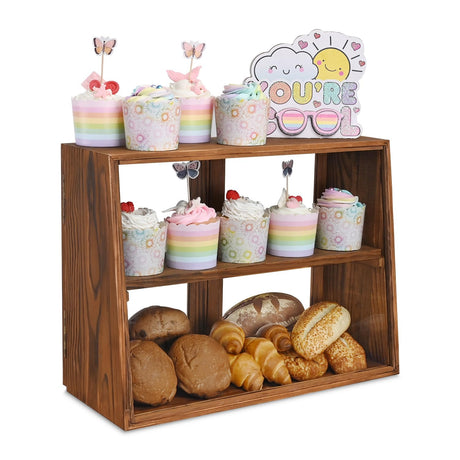 MOOCA Tempered-Glass Wood Display Case with Double Doors, Adjustable 2-Level Collection Display Case for Mini Funko Pop Figures, Bakery Pastry Container, Jewelry Organizer Storage, Brown Color MOOCA