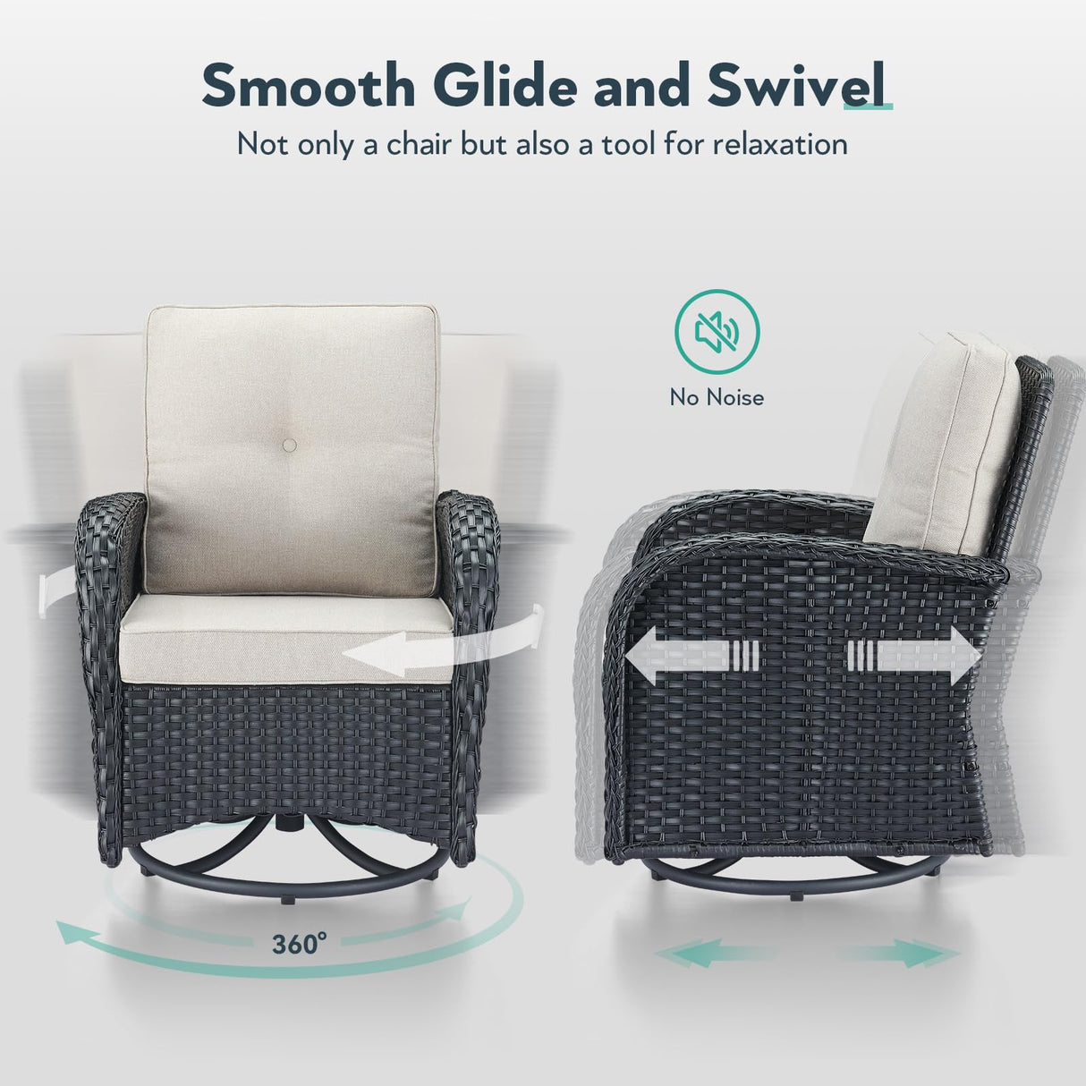 Artfurniz Outdoor Swivel Glider Rocker Chairs Set- 5 Piece Patio Furniture Set, Patio Bistro Sets with Tempered Glass Side Table and 2 Ottoman, for Balcony, Porch - Black Wicker Beige Cushion Artfurniz