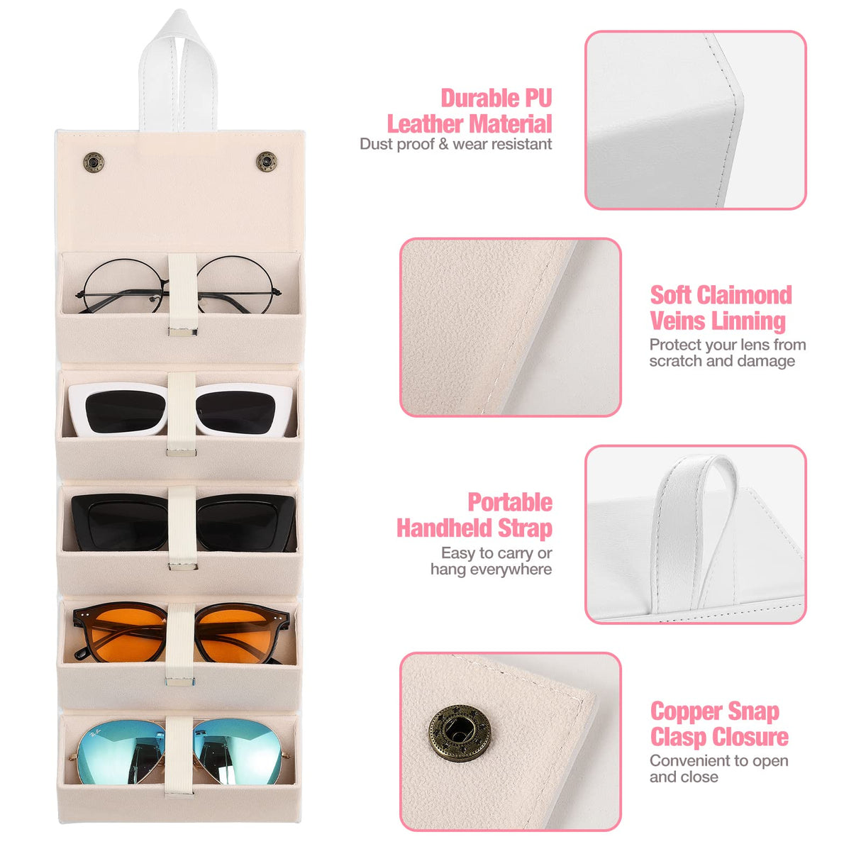 MoKo Sunglasses Organizer with 5 Slots, Foldable Travel Glasses Storage Case Holder Eyewear Display Box, White MoKo