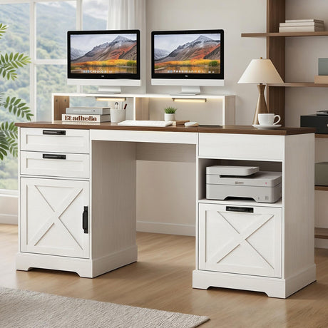 JanflyHome Executive Desk with File Storage Drawer, 63" Lift Top Farmhouse Home Office Gaming Desk with Charging Station, 3 Drawers Sensor Lights Wood Computer Table with Monitor Stand, Antique White JanflyHome