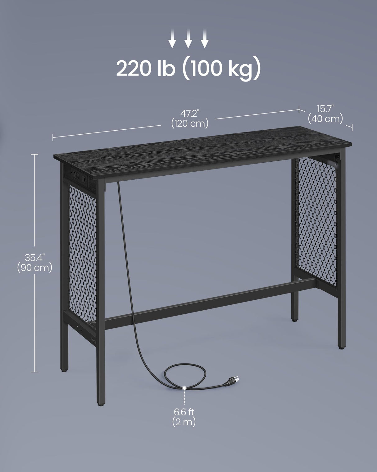 VASAGLE 47.2" Long Bar Table with Charging Station, LED Lights, Narrow Counter Tables Rectangular Couch Sofa Table, Metal Mesh Panels Frame, High Top Pub Table for Kitchen Living Room Party, Black VASAGLE