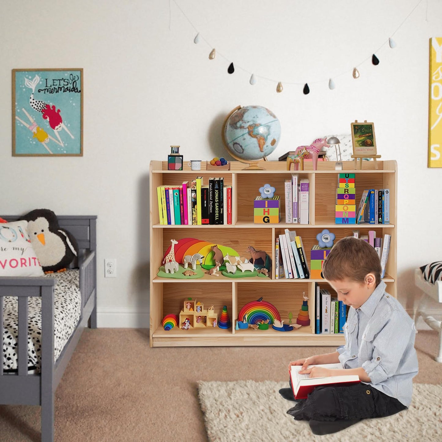 ZBPRESS 8-Compartment Natural Pine Wood Kids Storage Cabinet and Bookshelf - WoodArtSupply