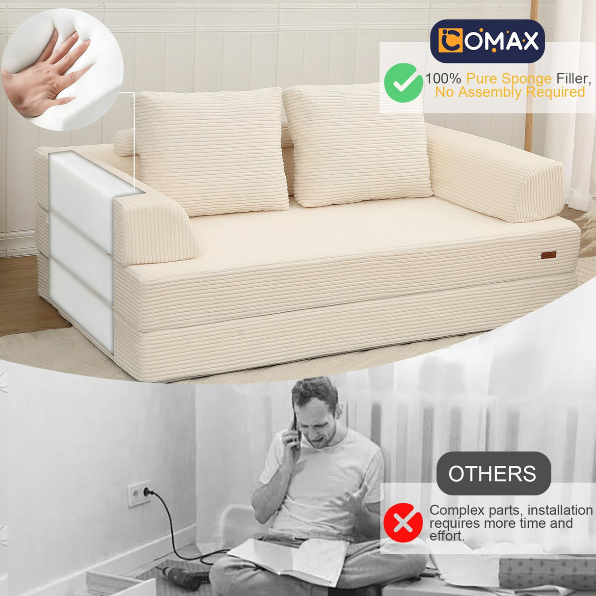 COMAX Convertible Sofa Bed, Folding Floor Couch Corduroy Fold Out Couch Bed Futon Sleeper Mattress with Pillows, Boneless Sofa Comfy Lounge Loveseat for Living Room Bedroom, Beige COMAX