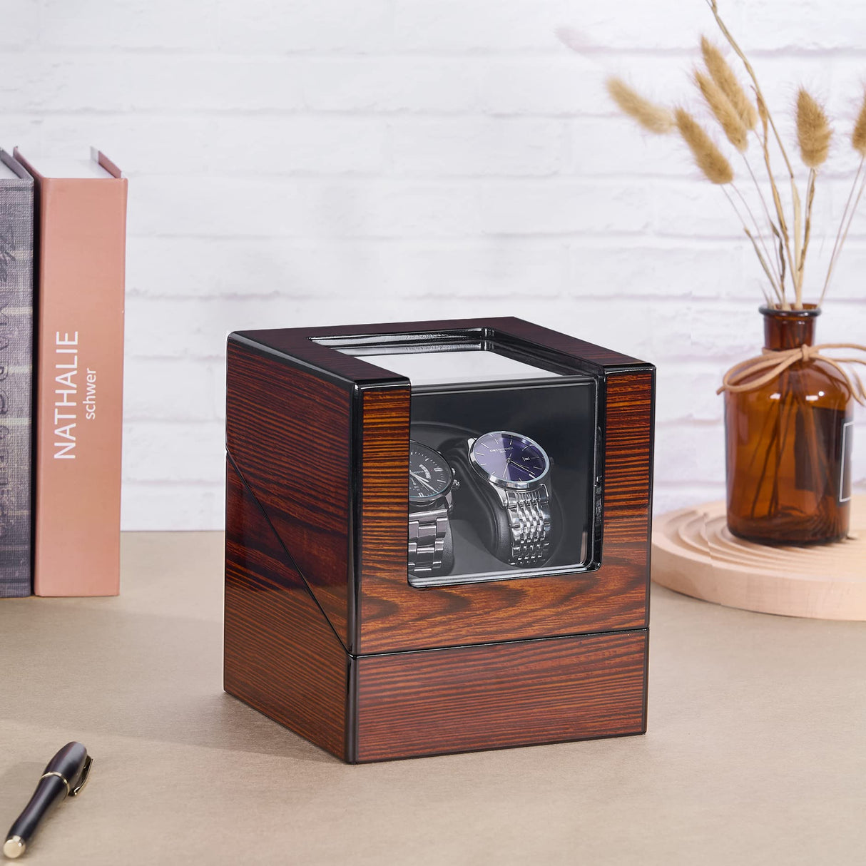 ANWBROAD Watch Winder for Automatic Watches Double Watch Rotator with Super Quiet Motor Flexible Watch Pillows LED Backlight Wooden Watch Turner Watch Shaker 5 Modes Battery or AC Adapter UJWW001Y ANWBROAD