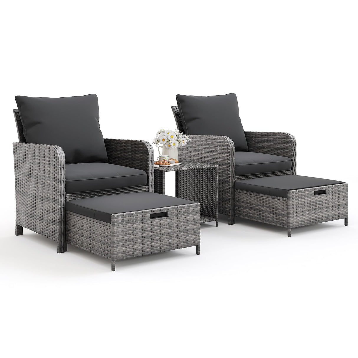 UDPATIO Wicker Patio Chairs with Ottoman Balcony Furniture 5 Pieces Patio Conversation Set with Pull Out Ottoman for Small Space UDPATIO