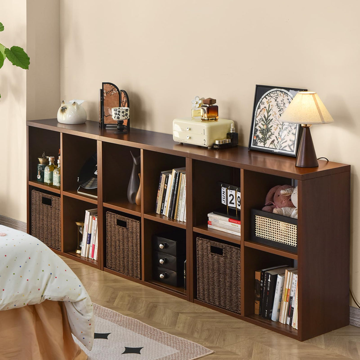 IRONMIX Metal 4 Cube Storage Organizer, Short Bookshelf with Storage, 2 Tier Horizontal Bookshelf, Small Cube Shelf, Freestanding TV Stand for Classroom, Home Office Library(Dark Wooden, 700-2 Set) IRONMIX