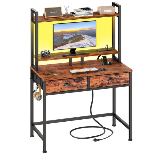 Furologee Small Computer Desk with Power Outlet and 2 Fabric Drawers, Gaming Desk with Light, Home Office Desk with Monitor Stand and Hutch for Small Space Working, Study Table with Shelf Rustic Brown