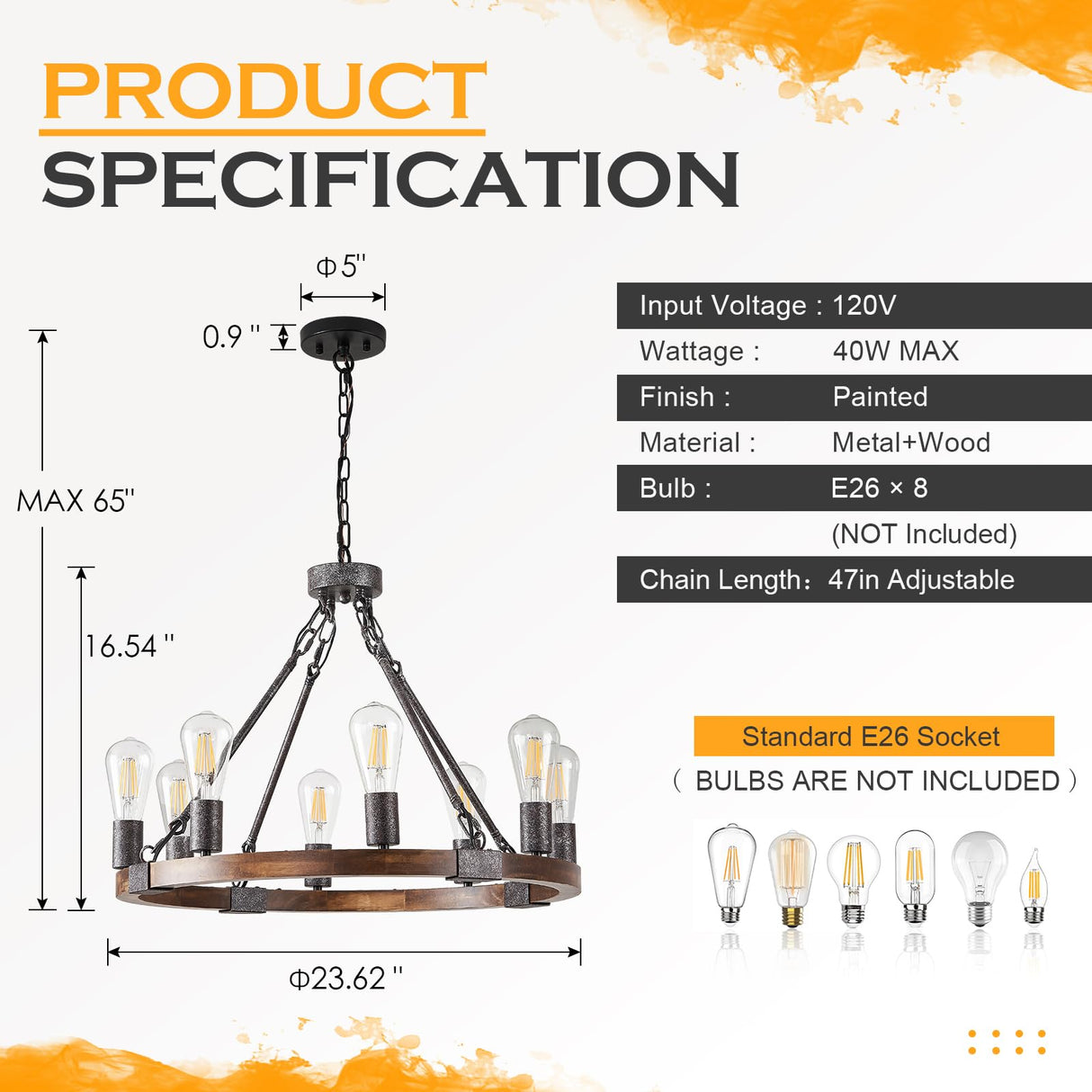 Benkut Farmhouse Wagon Wheel Chandelier 23.6" Black Rustic Light Fixtures 8-Light Wood Round Chandelier for Dining Room Kitchen Entryway Foyer Benkut