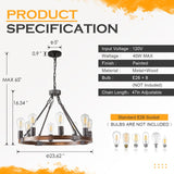 Benkut Farmhouse Wagon Wheel Chandelier 23.6" Black Rustic Light Fixtures 8-Light Wood Round Chandelier for Dining Room Kitchen Entryway Foyer Benkut