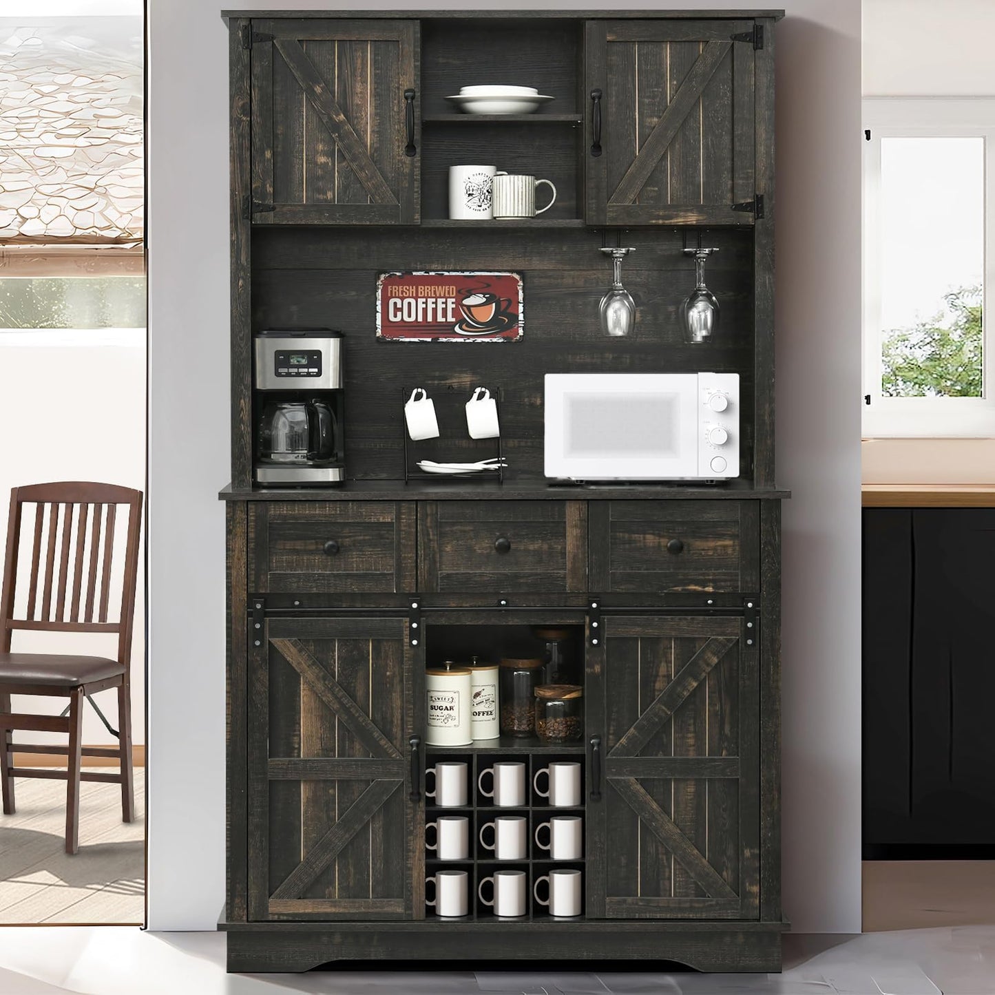 4 EVER WINNER Kitchen Pantry Storage Cabinet with Hutch, 72” Farmhouse Buffet Cabinet with Hutch & Wine Rack, Kitchen Hutch Storage Cabinet for Dining Room, Rustic Dark Brown