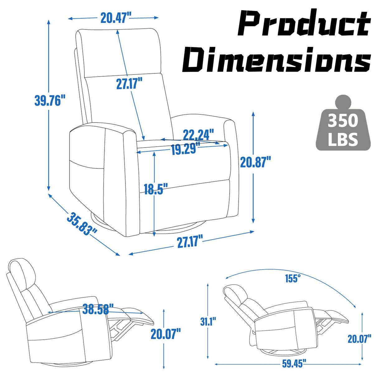 Massage Chair Recliner with Heat, Swivel Rocking Chair Recliner with High Back, Manual Lazy Boy Recliners for Adults,Small Recliner Chair for Small Spaces, Living Room Bedroom, Fabric (Khaki) Thctvous