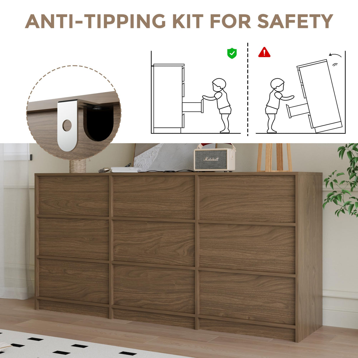 Jiaoun 9 Drawer Dressers for Bedroom, Modern Large Wood Dresser Chest of Drawers, Wide Dresser Organizer for Living Room, Hallway, Walnut Jiaoun