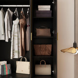 MOUMON 4 Door Rattan Wardrobe Armoire Closet with Hanging Rod and Drawers, Clothes Wardrobe with Rattan Doors, Rustic Wardrobe with Shelves for Bedroom, Black and Natural, 19.6”D x 63”W x 78.7”H MOUMON