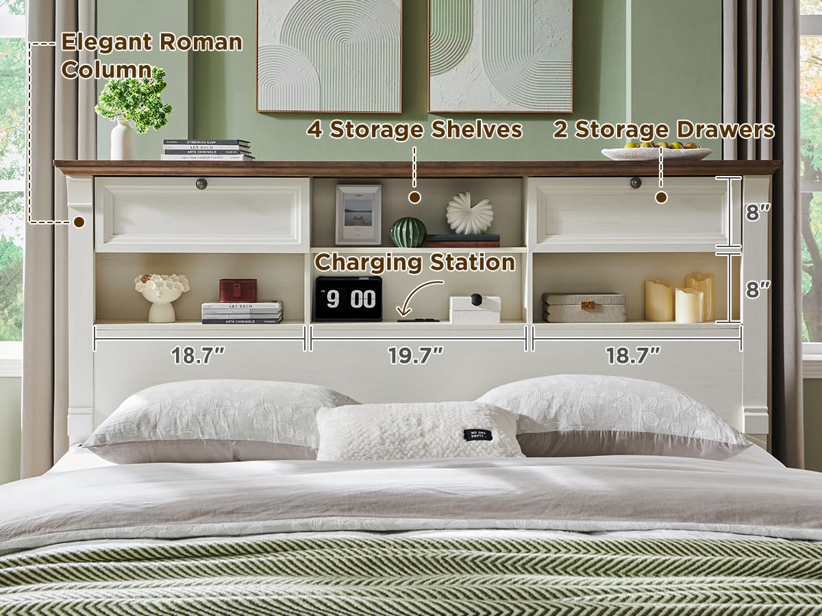 Farmhouse Queen Size Bed Frame with 54" Tall Storage Bookcase Headboard, Wood Platform Bed Frame with 2 Drawers & 18" Tall Roman Column Decoration Footboard, No Box Spring Needed(Antique White) T4TREAM