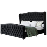 LUXOAK King Platform Bed Frame with Wingback Headboard, Velvet Upholstered Bed Frame with Handmade Button Tufted & Nailhead, Wooden Slats Support, Black LUXOAK