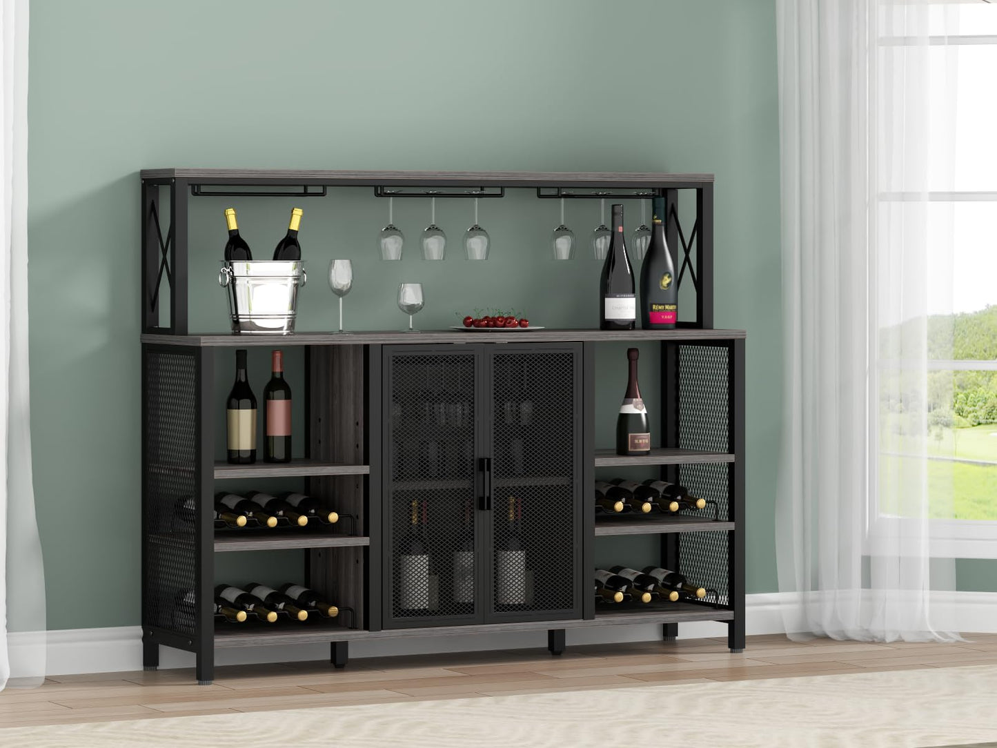 Gyfimoie Wine Bar Cabinet, 55 Inches Industry Coffee Bar Cabinet with Wine Rack and Glass Holder, Kitchen Sideboard Buffet Cabinet with Wine Rack Storage for Liquor and Glasses (Rustic Grey) - WoodArtSupply