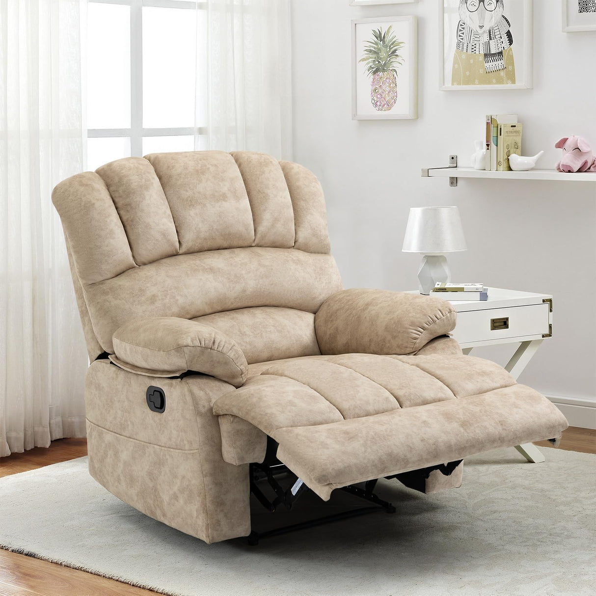 Manual Recliner Chair for Living Room, Single Sofa Recliners for Adults 350LBS, Heavy Duty Reclining Max 155 Degrees, Fabric Beige EZZUP