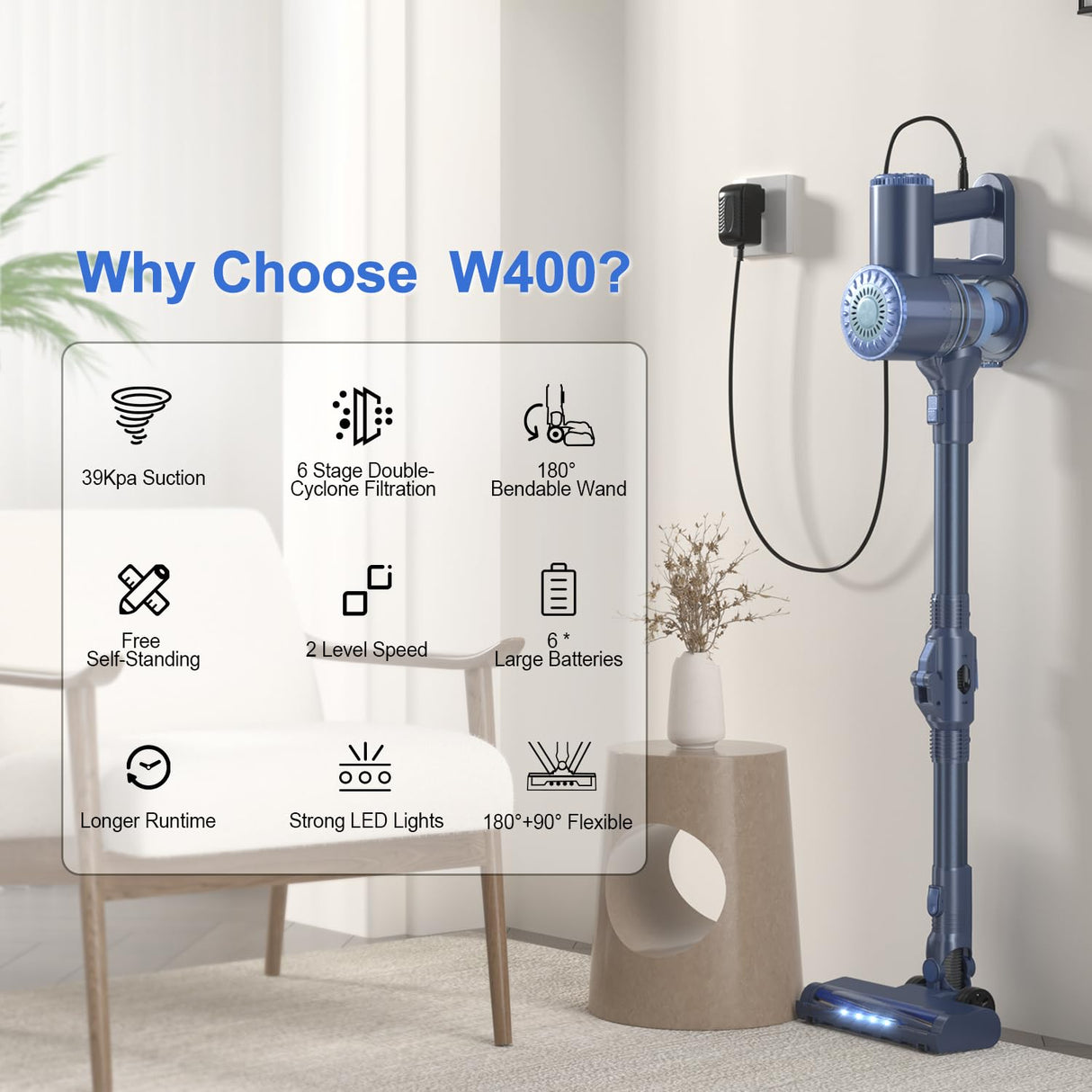 PRETTYCARELIFE Cordless Vacuum Cleaner, Lightweight Stick Vacuum Cleaner, 6 in 1, Self-Standing with Powerful Suction, 180° Bendable Wand Rechargeable Cordless Vacuum for Hardwood Floor (Blue) PRETTYCARELIFE