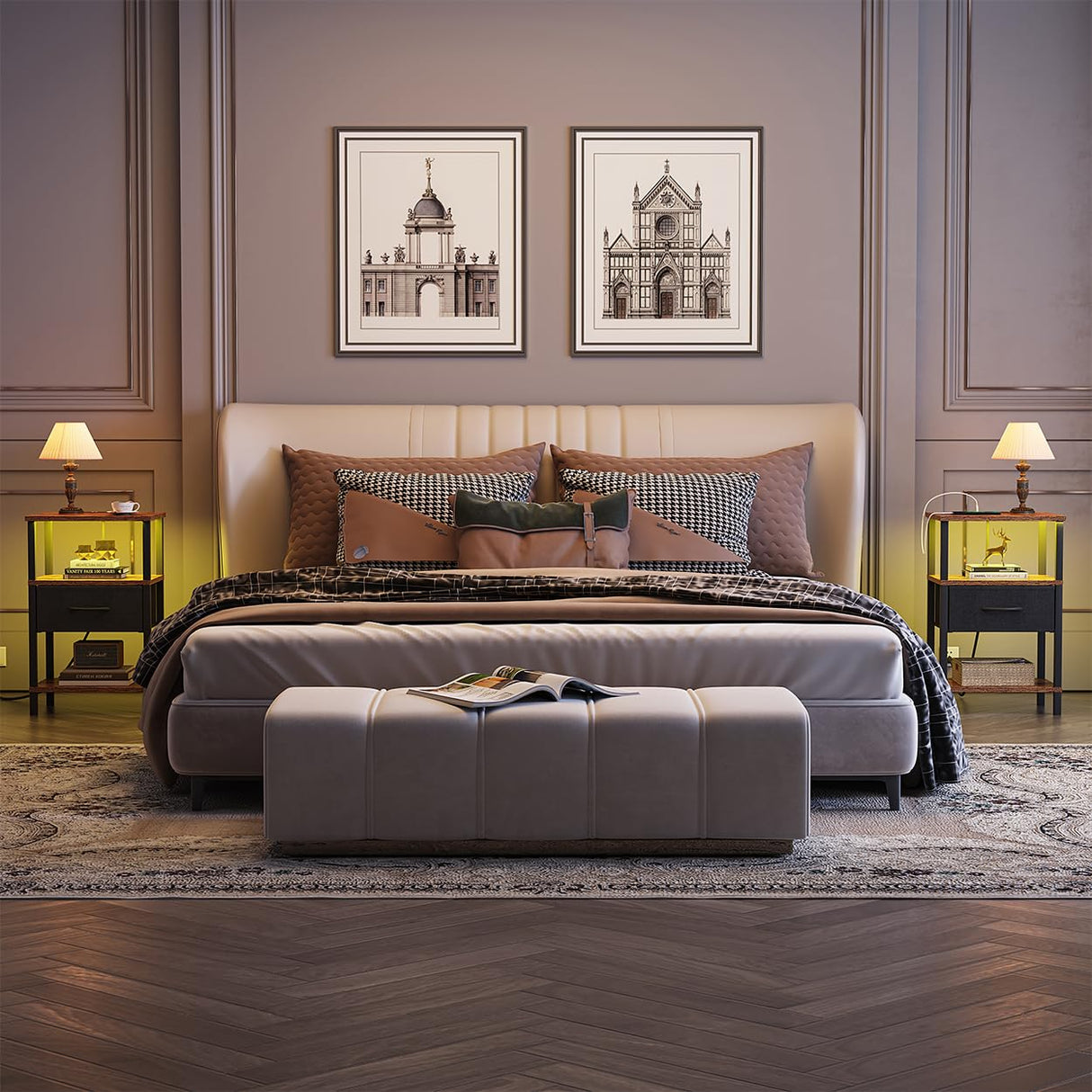 VIMBER Nightstand Set of 2, Adjustable LED Side Table with Charging Station and Fabric Drawer,Beside Table with Open Compartment for Living Room, Easy Assemble, 3 Tier End Table for Bedroom, Brown VIMBER