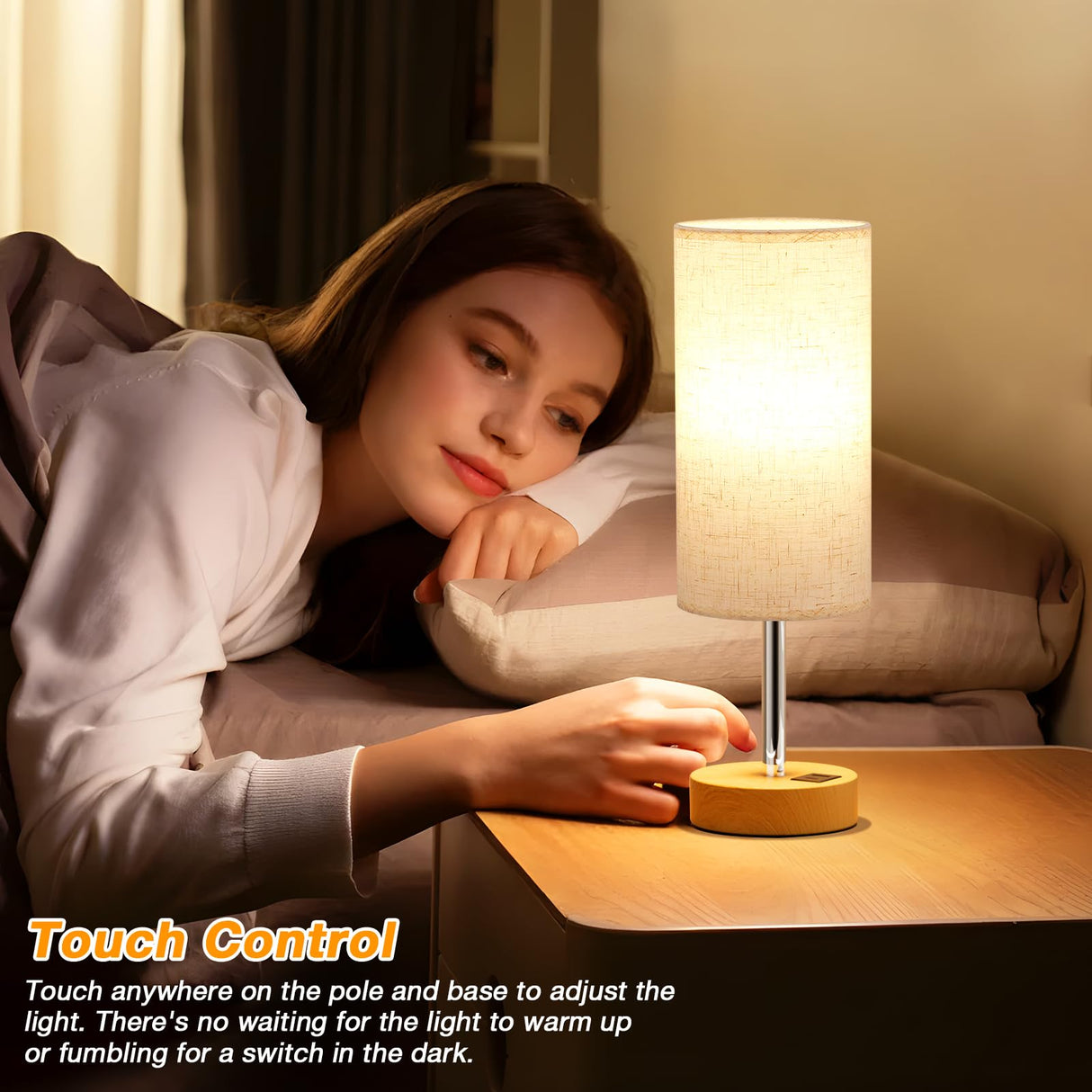 Touch Bedside Table Lamp with USB - 3 Way Dimmable Wood Lamp for Bedroom Nightstand, Desk Lamp with Charging Station for Dorm, Living Room, Office, Kids Room, Nursery, Small Dicoool