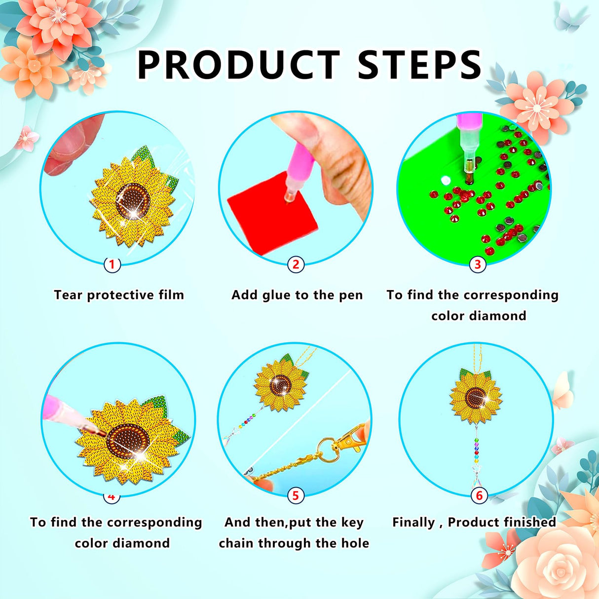 JeCuiK 6 Pcs Daisy Diamonds Painting Wind Chimes Suncatcher Double Sided Flower Rhinestone Painting Wind Chime 5D DIY Crystal Diamond Painting Kits Paint by Number Hanging Ornaments Mom Gifts JeCuiK