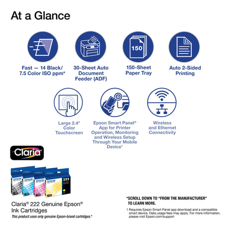 Epson Workforce WF-2960 Wireless All-in-One Printer with Scan, Copy, Fax, Auto Document Feeder, Automatic 2-Sided Printing, 2.4" Touchscreen Display, 150-Sheet Paper Tray and Ethernet,Black Epson
