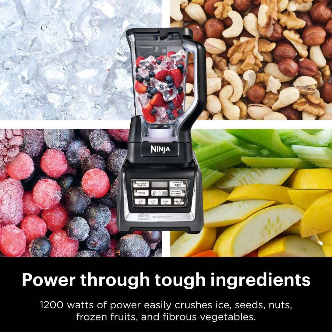 Ninja BL642 Nutri Ninja Personal & Countertop Blender with 1200W Auto-iQ Base, 72 oz. Pitcher, and 18, 24, & 32 oz. To-Go Cups with Spout Lids, For Smoothies, Shakes & More, Dishwasher Safe, Black