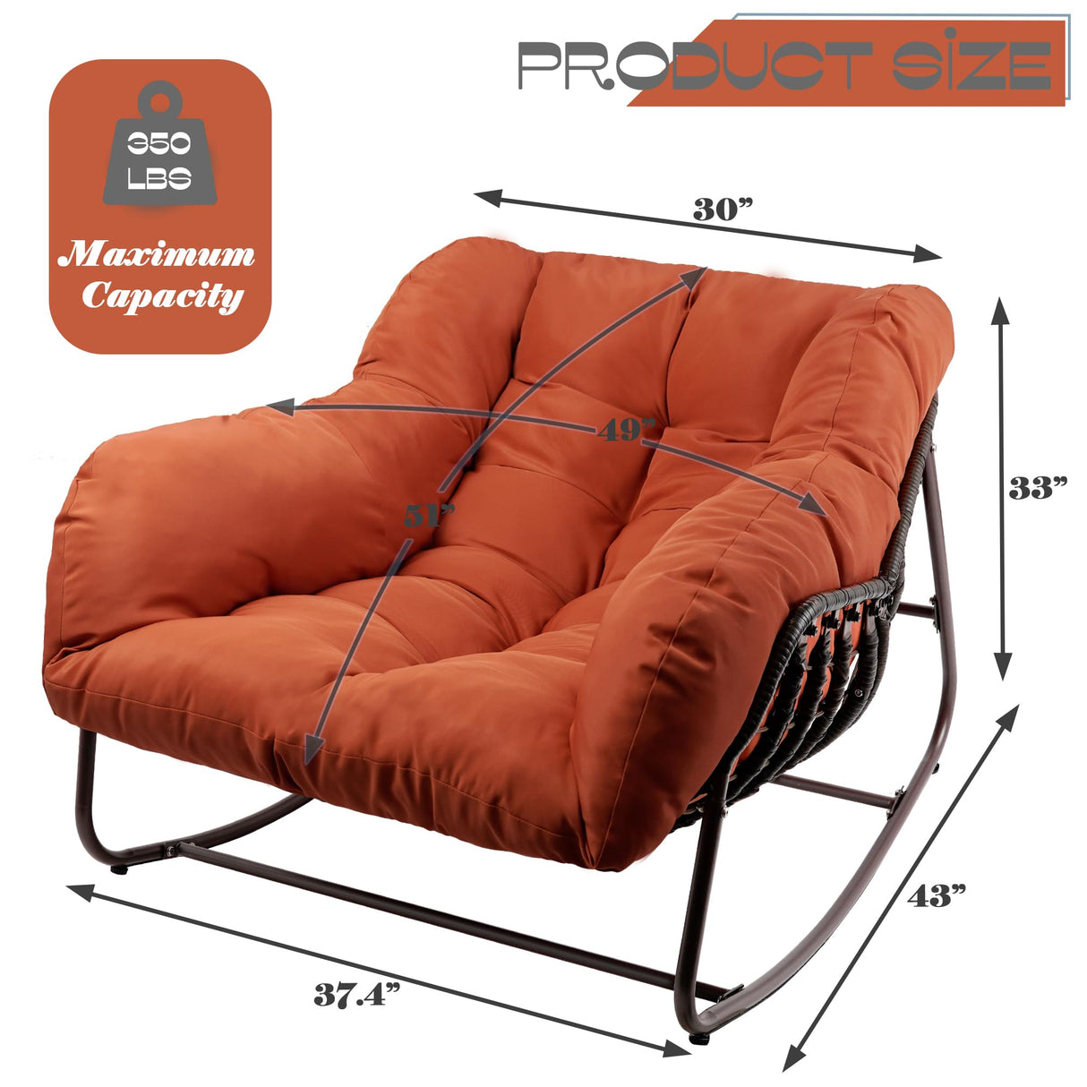 TXGDPIONEER Outdoor Papasan Rocking Chair, Oversized Patio Rocking Chairs with Padded Cushion& Pillow-Comfortable Rocker Egg Chair for Front Porch, Garden, Patio, Backyard,1PC,Red TXGDPIONEER