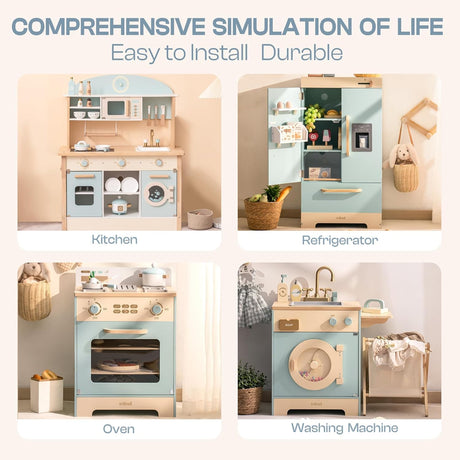 ROBOTIME Wooden Toddler & Kids Kitchen Playset, Wooden Kitchen Toy Playset with Oven, Fridge and Washing Machine, Wooden Kitchen Set Gift for 3+ Year Old Kids, Girls & Boys ROBOTIME