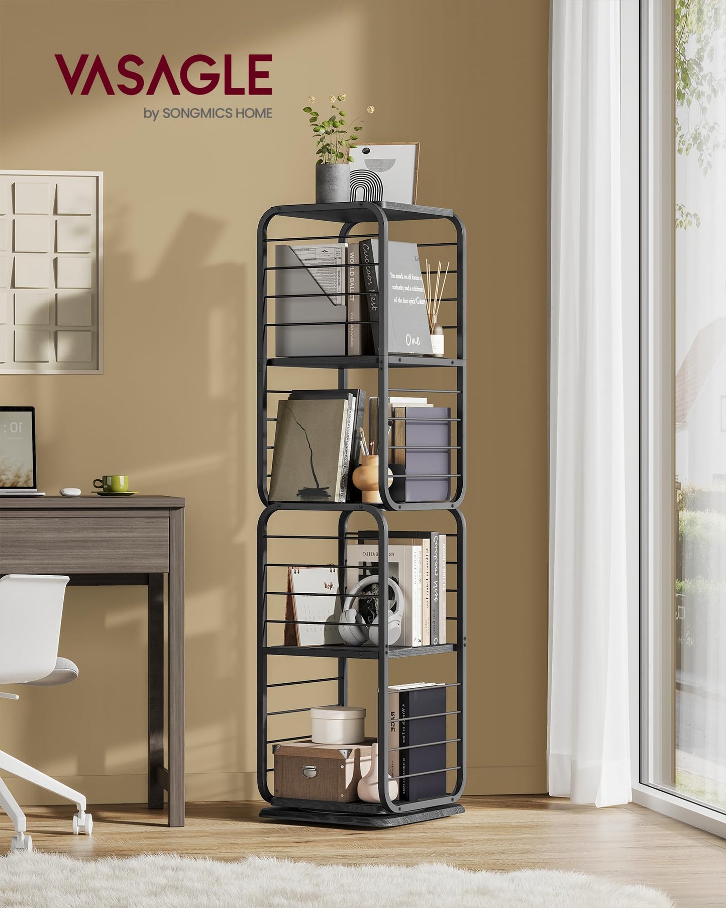 VASAGLE 4-Tier Corner Rotating Bookshelf with Bookends in Black - WoodArtSupply