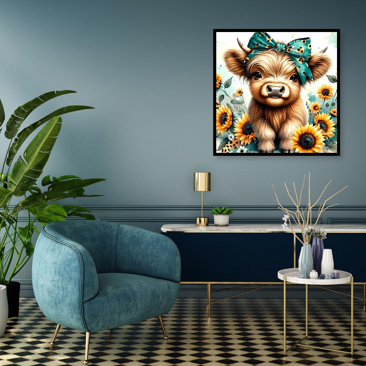 MOMDEDP Diamond Painting Kits for Adults, 5D Cow and Flower Full Drill Diamond Art, DIY Highland Cow Diamond Art Kit Animal Gem Art for Home Wall Decor 12 X12 inch MOMDEDP
