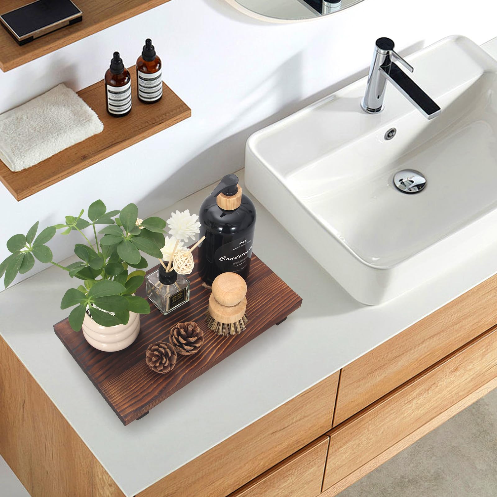 Farmhouse Bathroom Vanity Tray Wood Pedestal Stand Kitchen Countertop Trays Decorative Wooden Risers Dish Soap Dispenser Holder for Kitchen Counter Decor Modern Bathroom Sink Organizer Access - WoodArtSupply