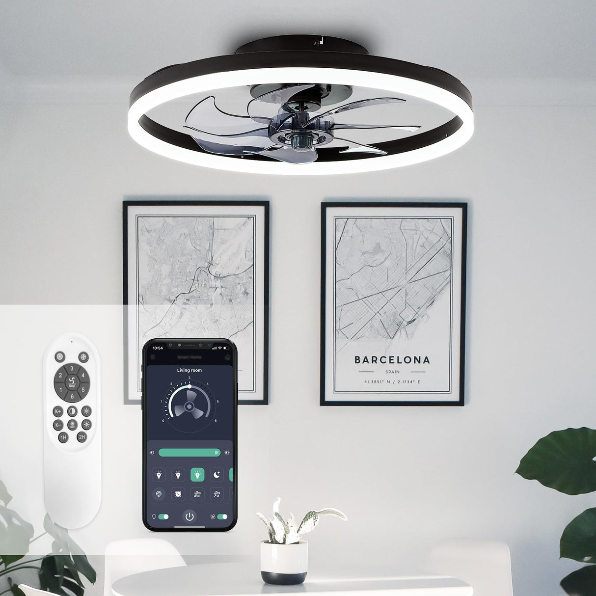 STERREN 20'' Modern Low Profile Ceiling Fan with Light, Bedroom LED Ceiling Fan with Remote Control, Bladeless Flush Mount Black Fan Lights Ceiling Fixtures for Living Room,Small Room STERREN