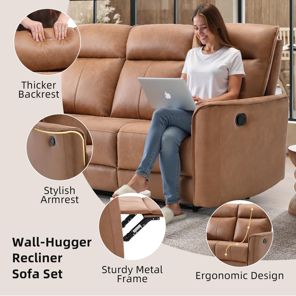 Manual Loveseat Recliner Sofa, Wall-Hugger 2 Seat Reclining Love Seat Couches, Leathaire Reclining Sofa Set, Double Seater Recliner Chair for Living Room, Office, Apartment, Brown CANMOV
