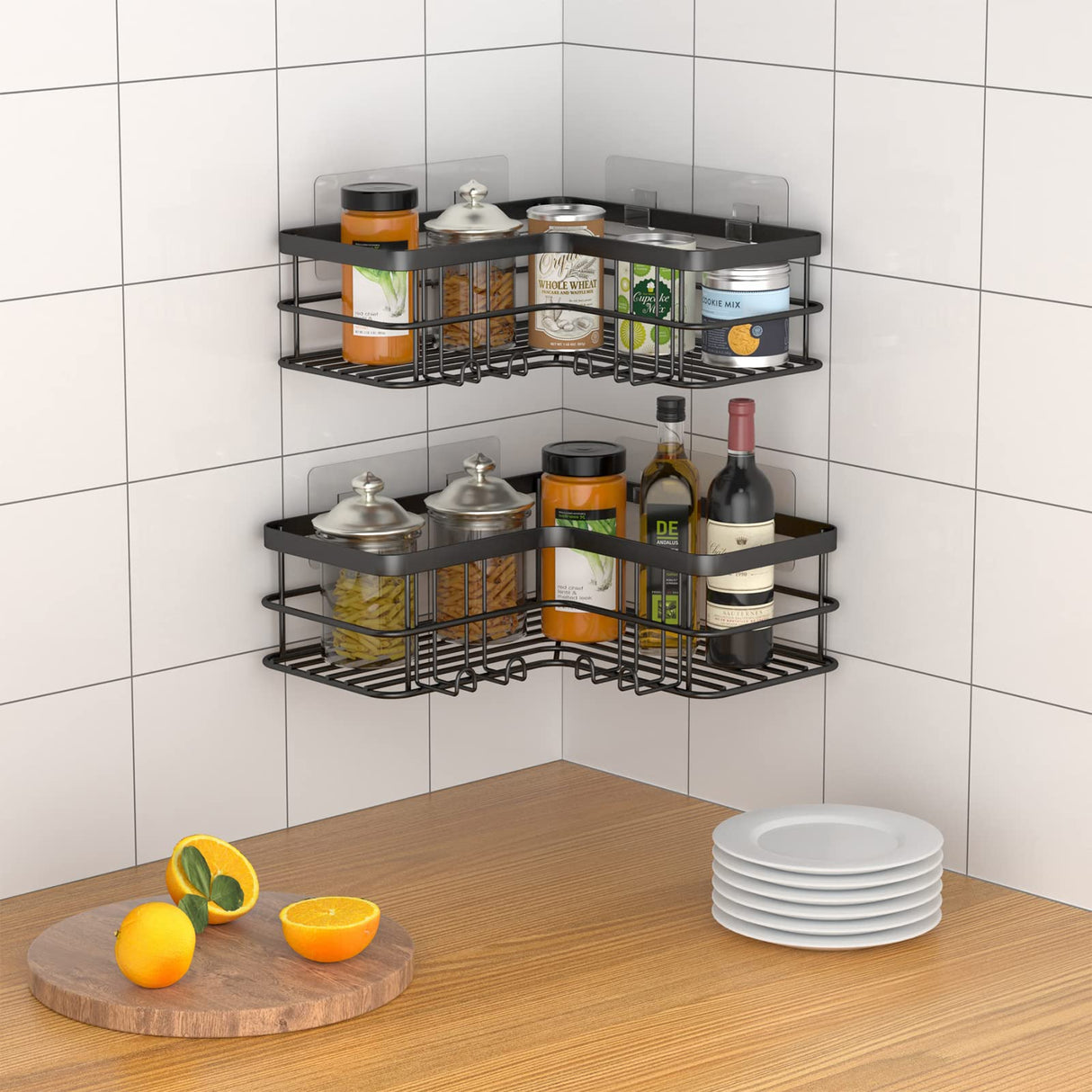 Yazoni Corner Shower Caddy, Adhesive Shower Shelves No Drilling [2-Pack], Rustproof Stainless Steel Bathroom Shower Organizer Wall Mounted with 8 Hooks (Black) Yazoni