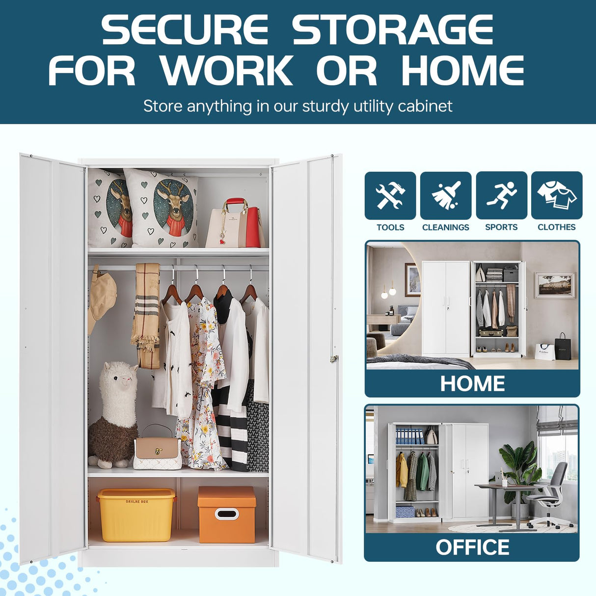 MIIIKO Metal Clothing Storage Locker, Steel Wardrobe Cabinets with Shelves and Hanging Rod, 72" Large Storage Locker Closet for Garments, Sports Equipment and Shoes MIIIKO