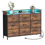 EXOTICA Industrial Dresser for Bedroom with Charging Station and LED Light Fabric Storage Dresser with 9 Fabric Drawers Chest of Drawers for Closet Hallway Sturdy Steel Frame Wooden Top EXOTICA
