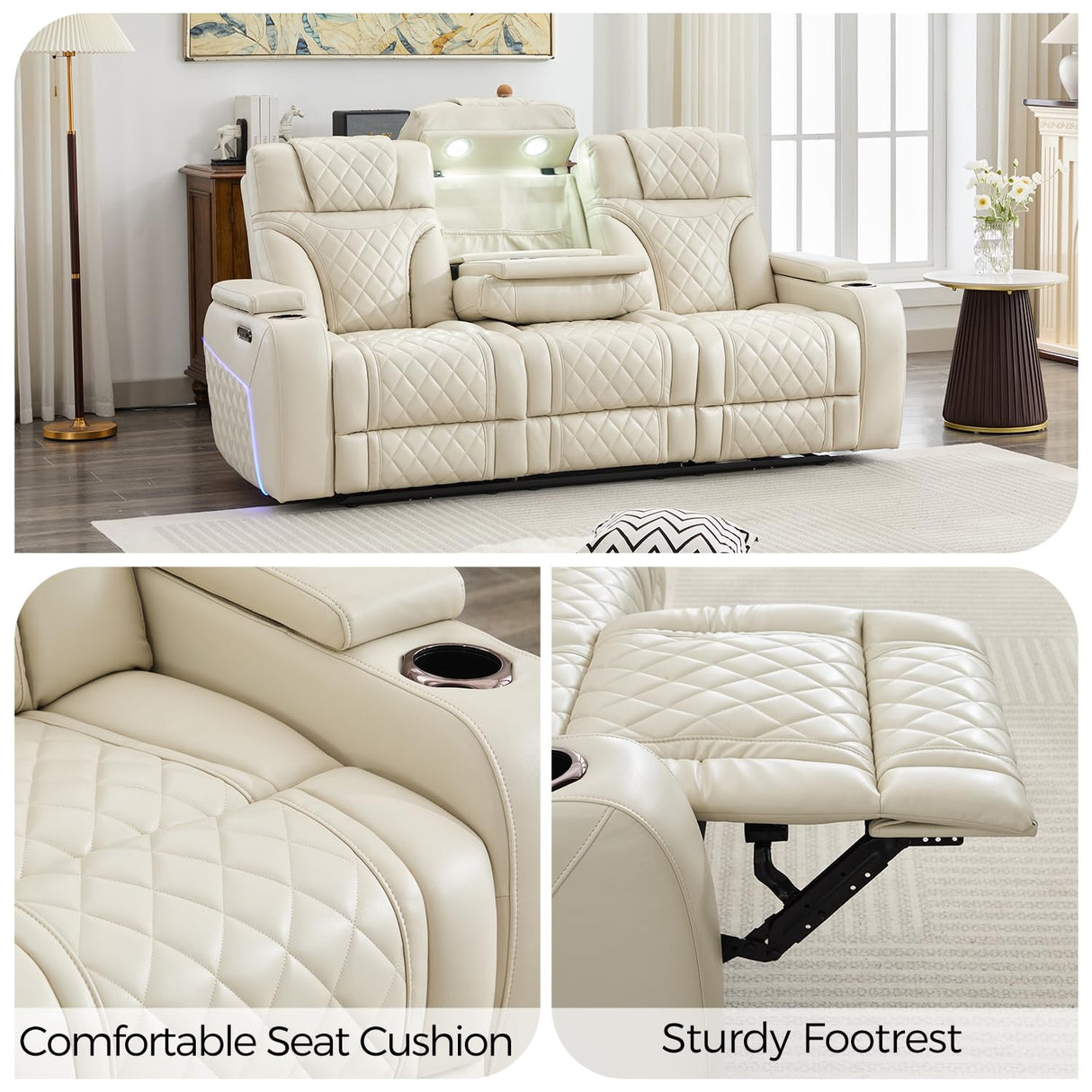 Power Recliner Sofa Set of 3 Pieces with Adjustable Headrest, Wireless Charger for Living Room, Electric Reclining Couch, Faux Leather 3 Seaters and Loveseat and Theater Chair with LED Lights, Beige Comfort Stretch