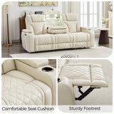 Power Recliner Sofa Set of 3 Pieces with Adjustable Headrest, Wireless Charger for Living Room, Electric Reclining Couch, Faux Leather 3 Seaters and Loveseat and Theater Chair with LED Lights, Beige Comfort Stretch