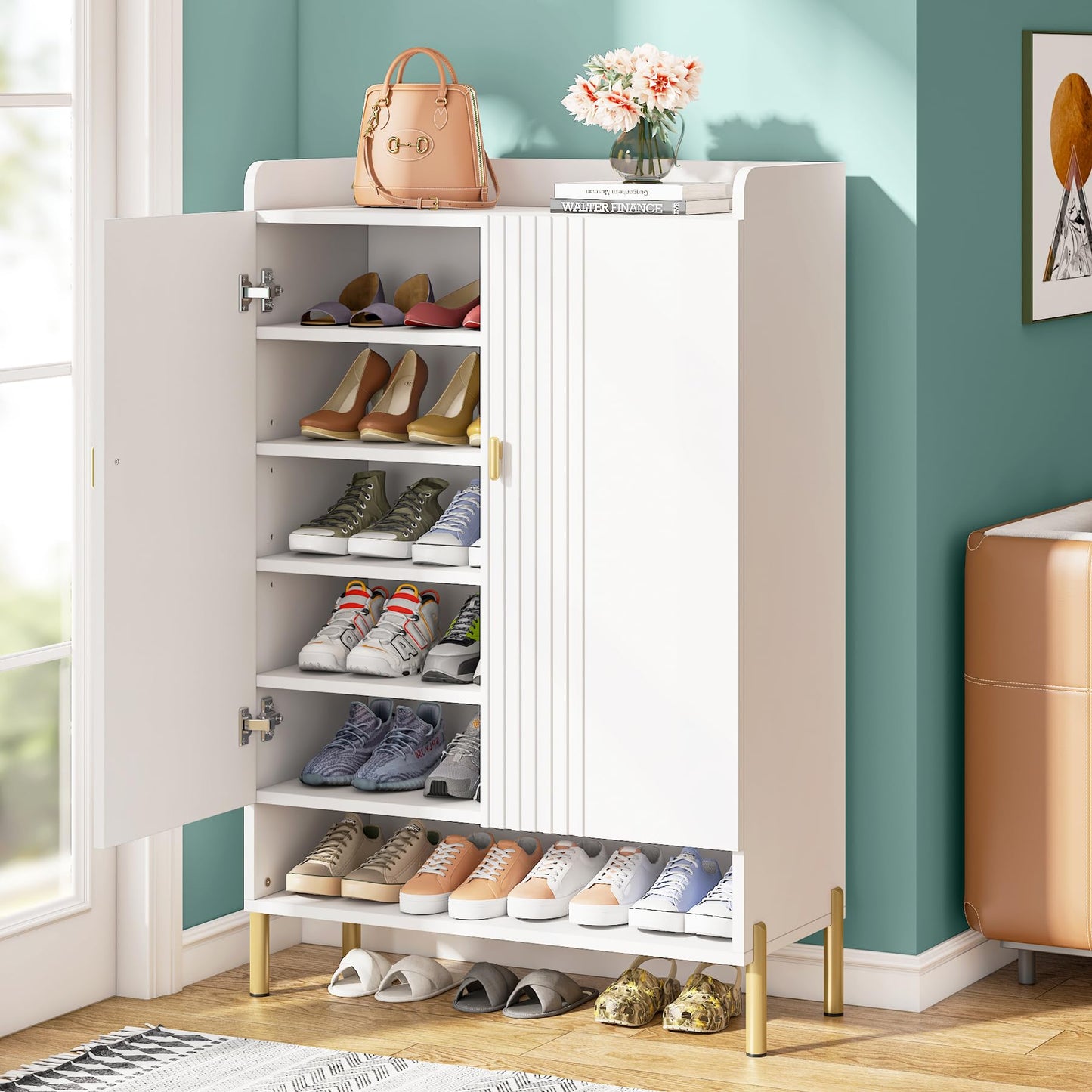 Tribesigns Shoe Cabinet Storage Entryway: Slim 6-Tier Shoe Organizer Cabinet with Adjustable Shelves, Freestanding Wood Shoe Rack with Doors for Entryway, Hallway, Living Room - White - WoodArtSupply