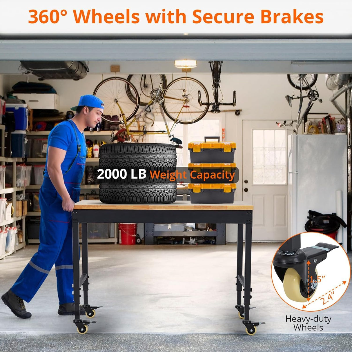 Adjustable Height Garage Workbench 48" X 24" - Heavy Duty 2000 lbs Capacity, Rubber Wood Top, Rolling Workstation with Drawer Storage, Power Outlets & Lockable Wheels - Perfect for Workshop ExploreHorizon