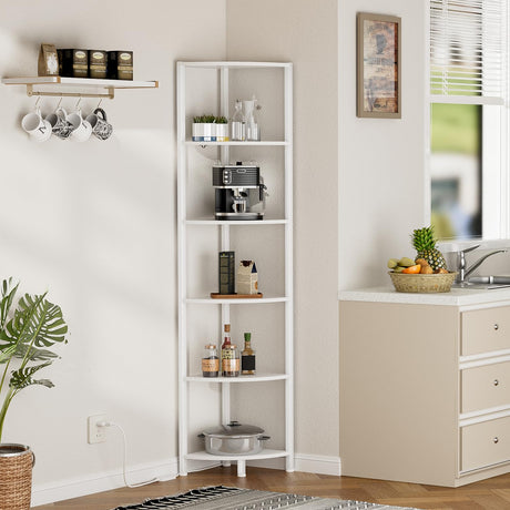 Furnulem 6 Tier Corner Shelf with LED Light, 67.5” Tall Standing Shelf Organizer, White Narrow Bookshelf with Storage Rack for Wall Corner, Living Room, Bedroom, Metal Frame, Wood Display Shelf Furnulem