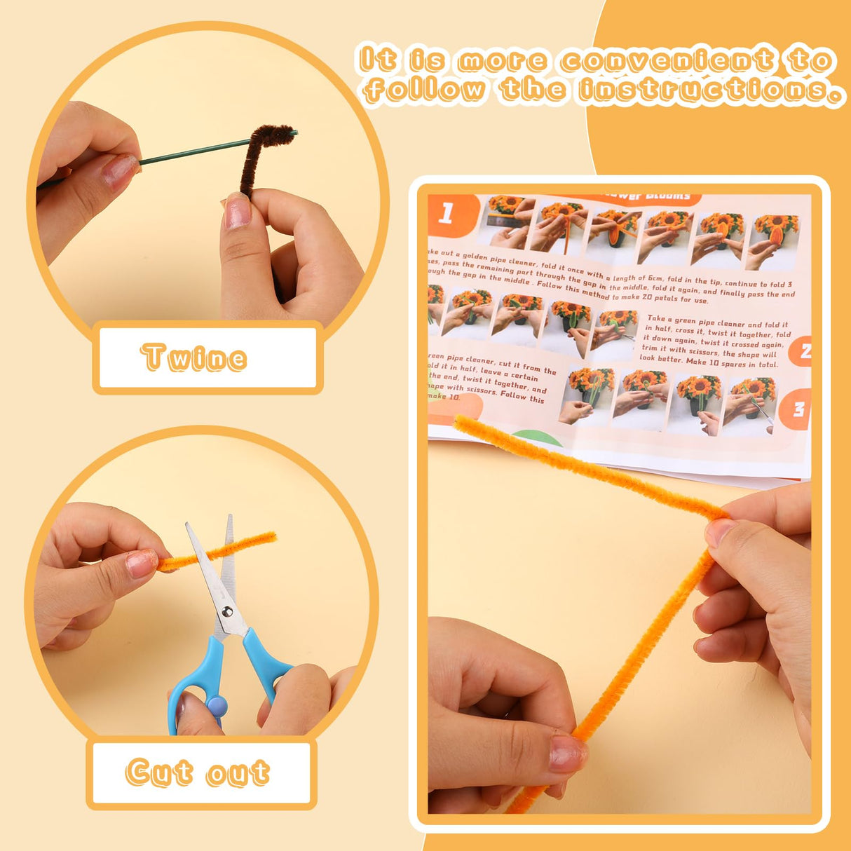 UzecPk 430PCS Pipe Cleaners for Crafts, Pipe Cleaner Sunflower Kit, Pipe Cleaner Craft Sunflowers Kit with Instructions, 3 Colors Pipe Cleaners Set for DIY Art Craft Decorations-5 Flowers UzecPk