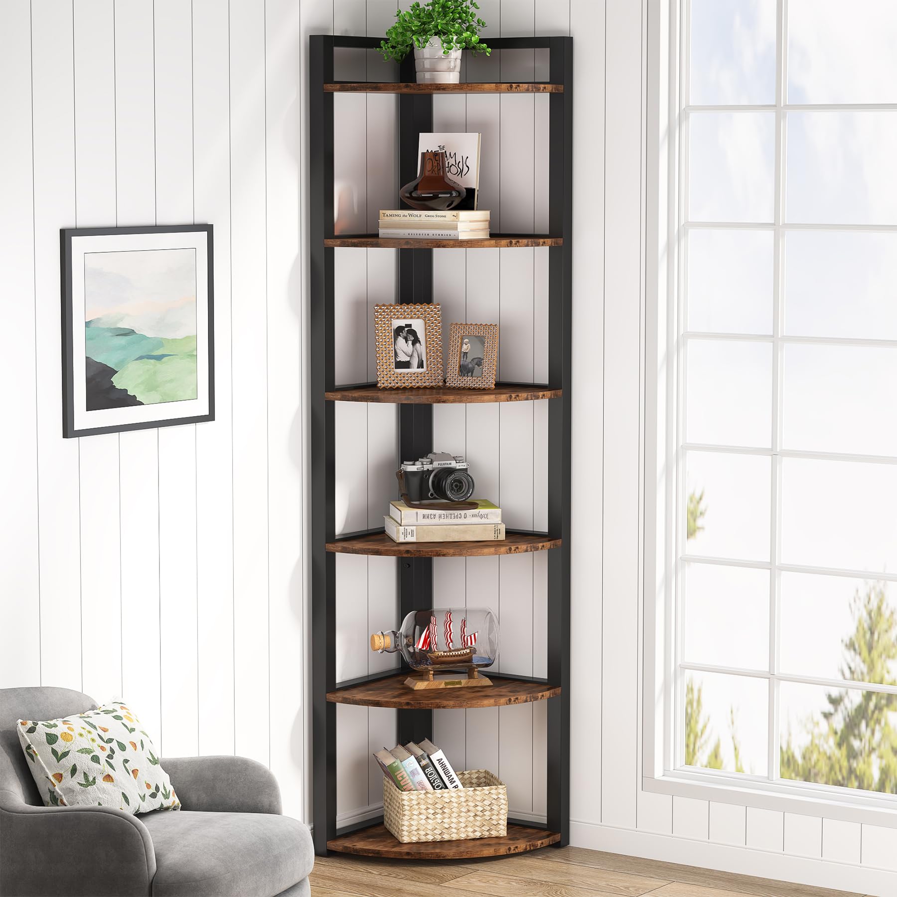 Versatile 6 Tier Rustic Corner Shelf Unit – 70.9 Inch Tall Storage Rack for Living Room, Home Office, and Small Spaces - WoodArtSupply