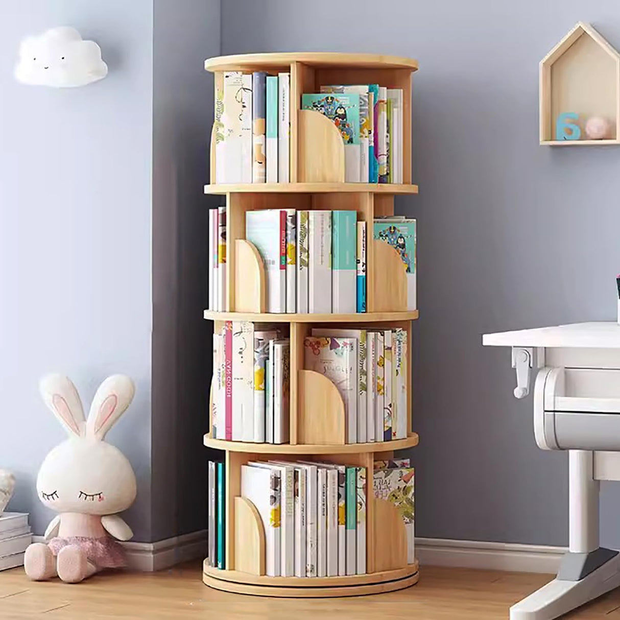 Lebolna 4-Tier Natural Wood Rotating Bookshelf Tower for Organising Your Space Lebolna